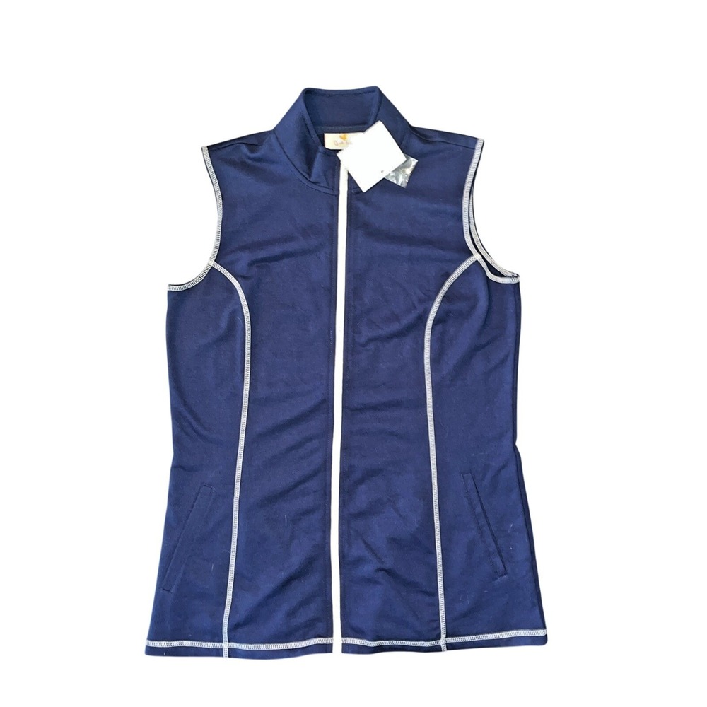 Quacker Factory Womens XS Blue French Terry Rhinestone Full Zip Vest NWT